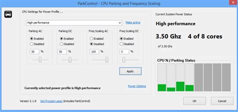 ParkControl is a small freeware utility that facilitates tweaking of core parking and CPU frequency scaling settings of Windows power plans. Core Parking. Core Parking is a sleep state (C6) supported by most newer x86 processors, and newer editions of Windows. Core Parking dynamically disables CPU cores in an effort to conserve power when idle.